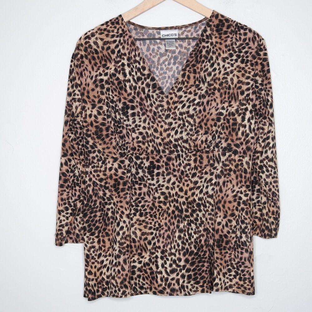 Chico's Womens Top Size 1 Medium Cheetah Print Sparkle V-neck Babydoll Faux Wrap